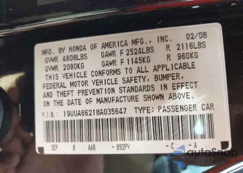 2008 Acura Tl 3.2 z USA, uszkodzony, nr VIN 19UUA66218A035647
